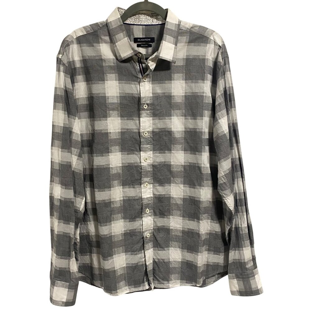 Bugatchi Gray Plaid‎ Long Sleeve Button Up Shirt Men's Size XL